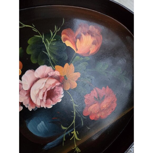 Handpainted Vintage Floral Tray Moody Dark Still Life Roses Tulips - Picture 3 of 10